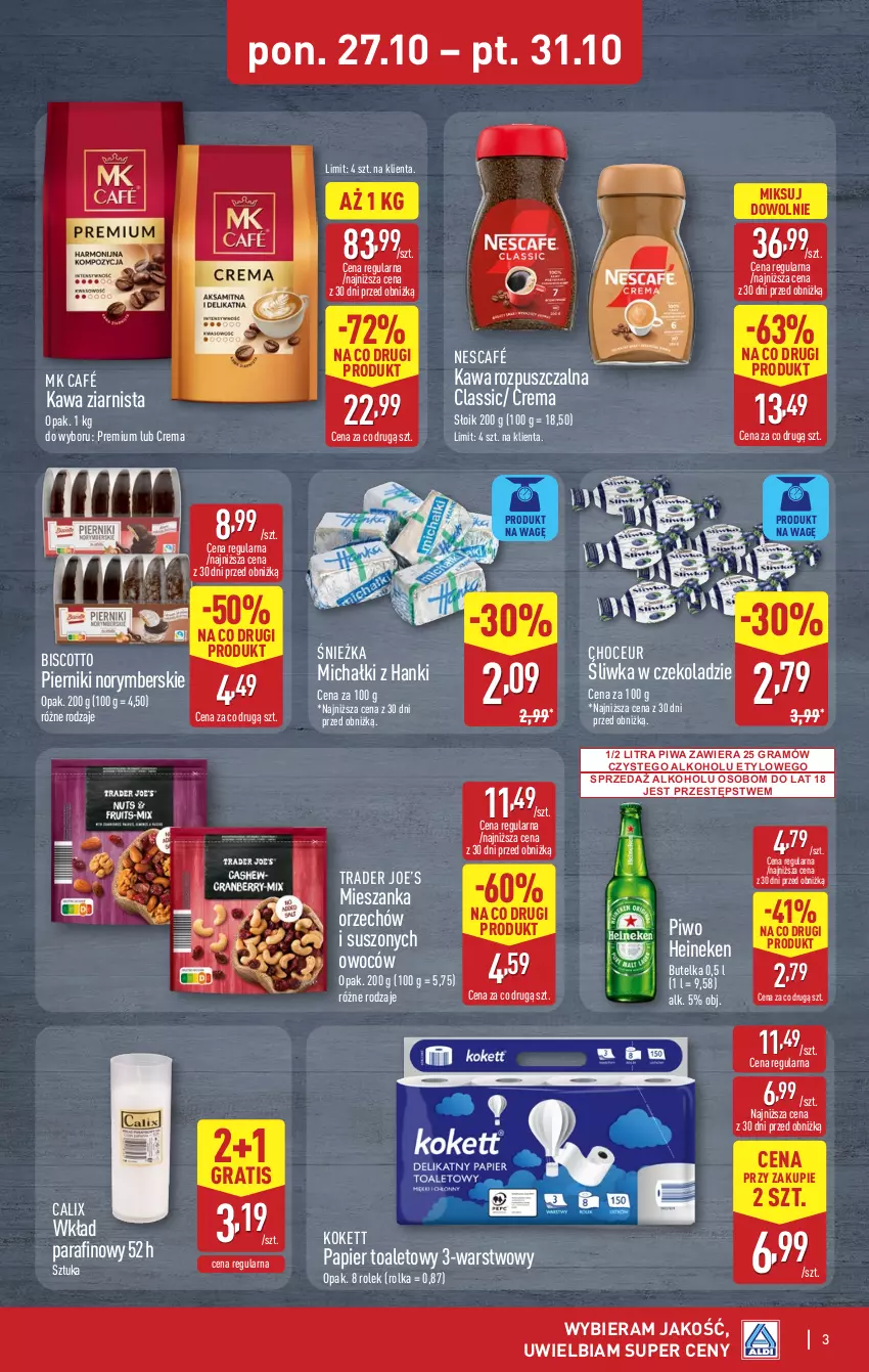 Gazetka promocyjna Aldi - Oferta weekendowa - ważna 29.10 do 31.10.2025 - strona 3 - produkty: Gra, Heineken, Kawa, Kawa rozpuszczalna, Kawa ziarnista, Michałki, Nescafé, Papier, Papier toaletowy, Piernik, Piwa, Piwo
