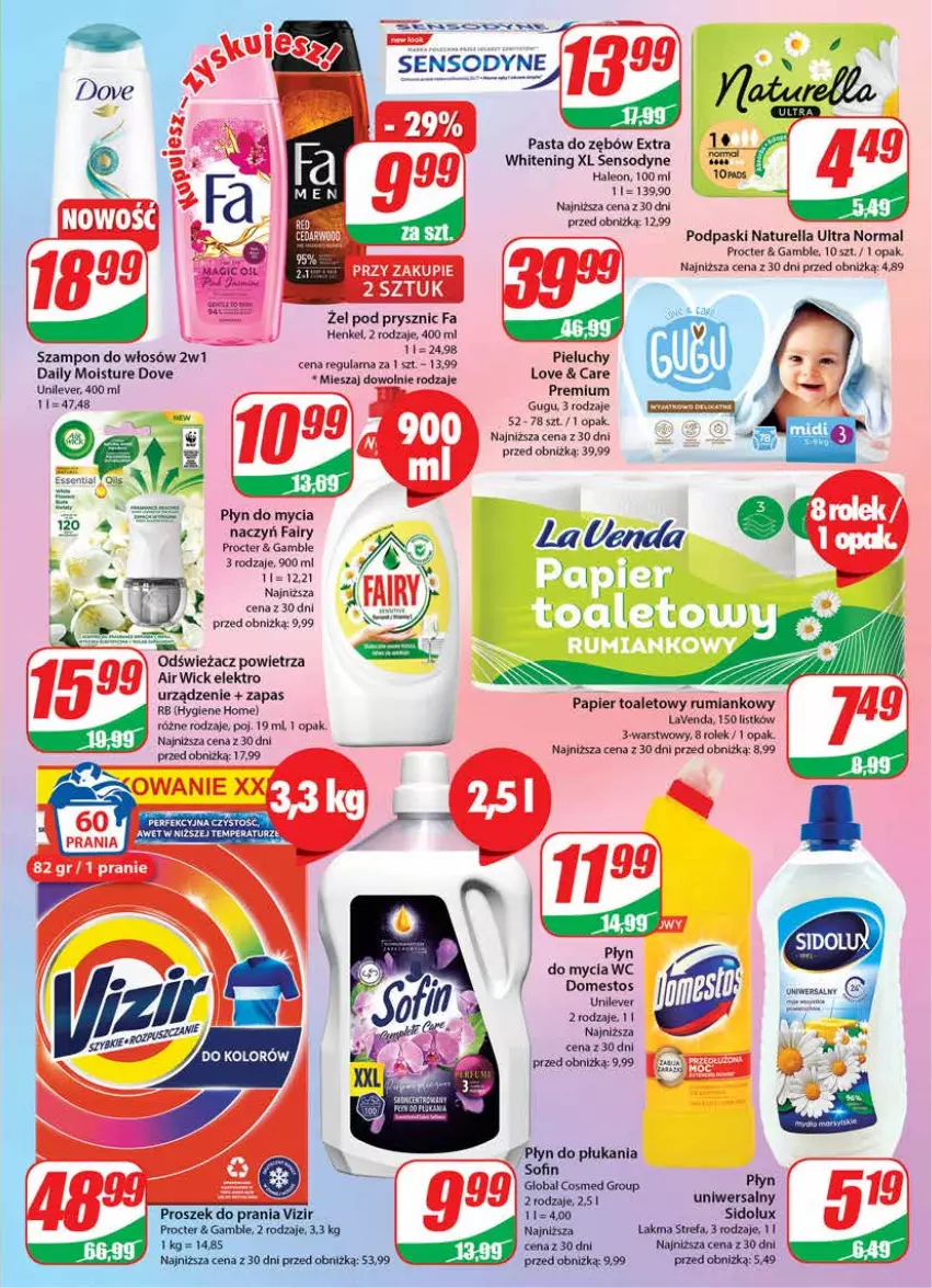 Gazetka promocyjna Dino - Gazetka 38 - ważna 20.09 do 26.09.2023 - strona 23 - produkty: Air Wick, Domestos, Dove, Fa, Fairy, Leon, Naturell, Naturella, Odświeżacz powietrza, Papier, Papier toaletowy, Pasta do zębów, Pieluchy, Płyn do mycia, Płyn do płukania, Podpaski, Proszek do prania, Rum, Sensodyne, Sidolux, Szampon, Vizir