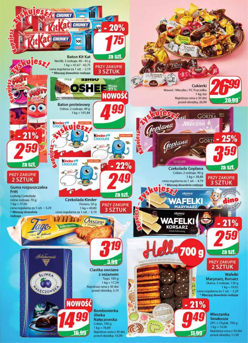 Gazetka promocyjna Dino - Gazetka 38 - ważna 20.09 do 26.09.2023 - strona 3 - produkty: Baton, Cukier, Cukierki, Czekolada, Ferrero, Goplana, Kinder, Kit Kat, LANA, Oshee, Wawel