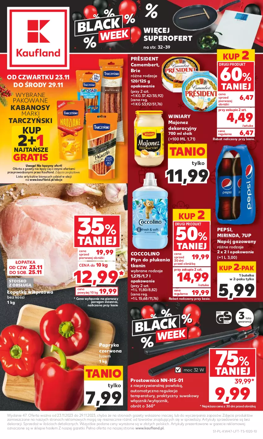 Gazetka promocyjna Kaufland - Gazetka tygodnia - ważna 23.11 do 29.11.2023 - strona 1 - produkty: 7up, Brie, Camembert, Coccolino, Gra, Kabanos, Majonez, Mirinda, Napój, Napój gazowany, Papryka, Papryka czerwona, Pepsi, Płyn do płukania, Président, Tarczyński, Waga, Winiary