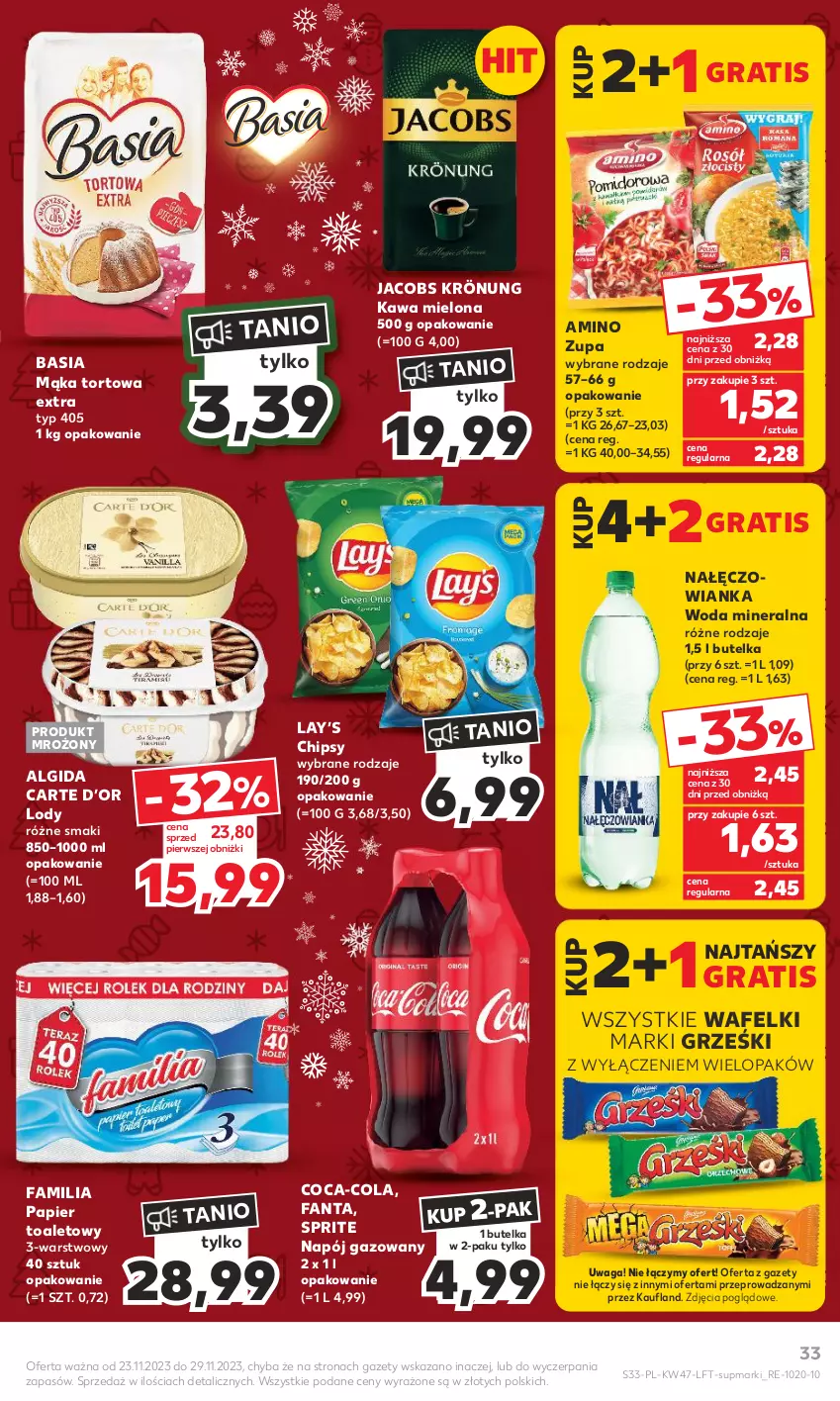 Gazetka promocyjna Kaufland - Gazetka tygodnia - ważna 23.11 do 29.11.2023 - strona 33 - produkty: Algida, Basia, Chipsy, Coca-Cola, Fa, Fanta, Gra, Grześki, Jacobs, Jacobs Krönung, Kawa, Kawa mielona, Lay’s, LG, Lody, Mąka, Mąka tortowa, Nałęczowianka, Napój, Napój gazowany, Papier, Papier toaletowy, Sprite, Waga, Woda, Woda mineralna, Zupa