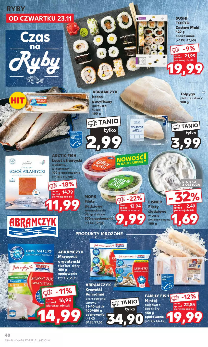 Gazetka promocyjna Kaufland - Gazetka tygodnia - ważna 23.11 do 29.11.2023 - strona 40 - produkty: Fa, Gry, Krewetki, Lisner, Mintaj, Polędwica, Produkty mrożone, Sos, Sushi, Tołpyga, Tusz