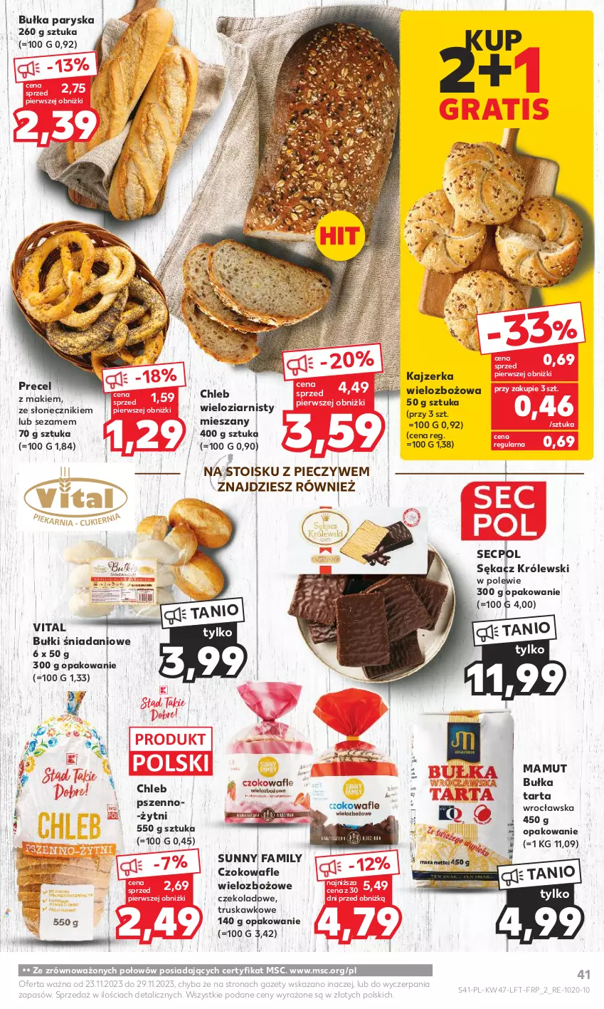 Gazetka promocyjna Kaufland - Gazetka tygodnia - ważna 23.11 do 29.11.2023 - strona 41 - produkty: Bułka, Bułka tarta, Chleb, Chleb wieloziarnisty, Danio, Fa, Gra, Kajzerka, Królewski, Piec, Sękacz, Sezam, Tarta, Wafle