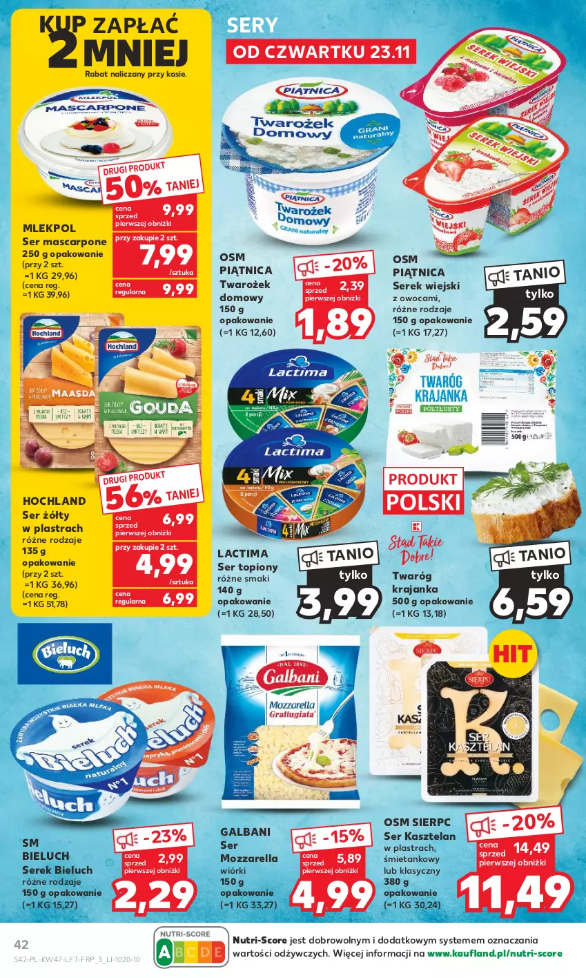 Gazetka promocyjna Kaufland - Gazetka tygodnia - ważna 23.11 do 29.11.2023 - strona 42 - produkty: Bieluch, Galbani, Hochland, Kasztelan, Mascarpone, Mozzarella, Piątnica, Ser, Ser Kasztelan, Ser topiony, Serek, Serek wiejski, Top, Twaróg