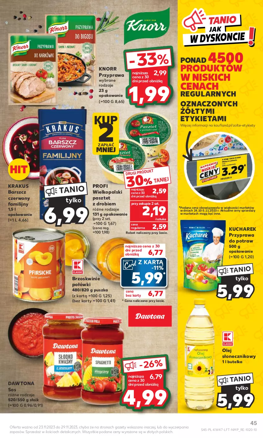 Gazetka promocyjna Kaufland - Gazetka tygodnia - ważna 23.11 do 29.11.2023 - strona 45 - produkty: Brzoskwinie, Dawtona, Fa, Knorr, Krakus, Kucharek, Olej, Olej słonecznikowy, Pasztet, Przyprawa do potraw, Sos