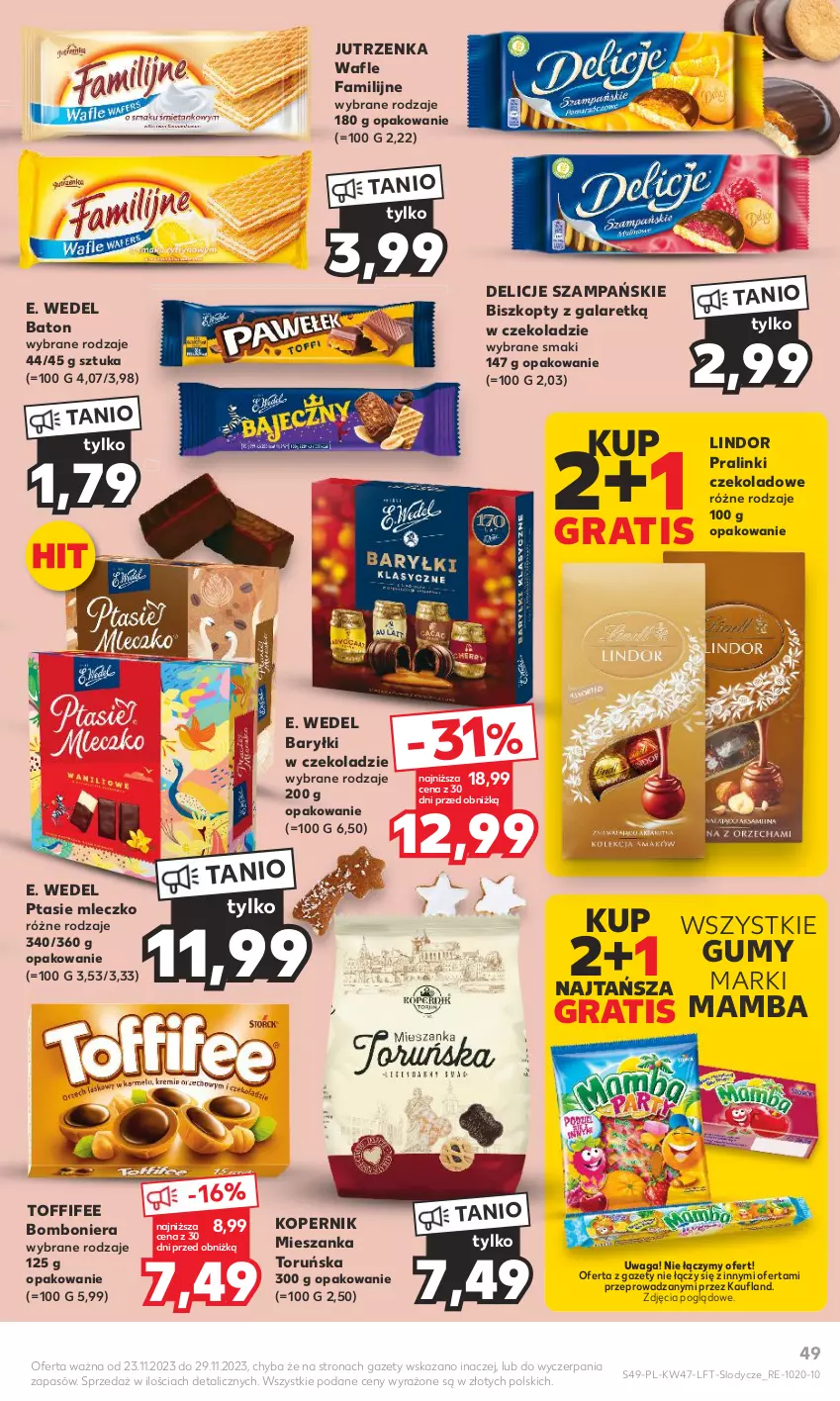 Gazetka promocyjna Kaufland - Gazetka tygodnia - ważna 23.11 do 29.11.2023 - strona 49 - produkty: Baryłki, Baton, Biszkopty, Bomboniera, Delicje, E. Wedel, Fa, Gala, Gra, Jutrzenka, Lindor, Lody, Mamba, Mleczko, Ptasie mleczko, Toffifee, Wafle, Waga