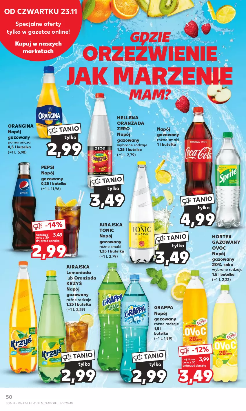 Gazetka promocyjna Kaufland - Gazetka tygodnia - ważna 23.11 do 29.11.2023 - strona 50 - produkty: Gin, Gra, Grappa, Hellena, Hortex, Lemoniada, Napój, Napój gazowany, Napoje, Oranżada, Pepsi, Sok