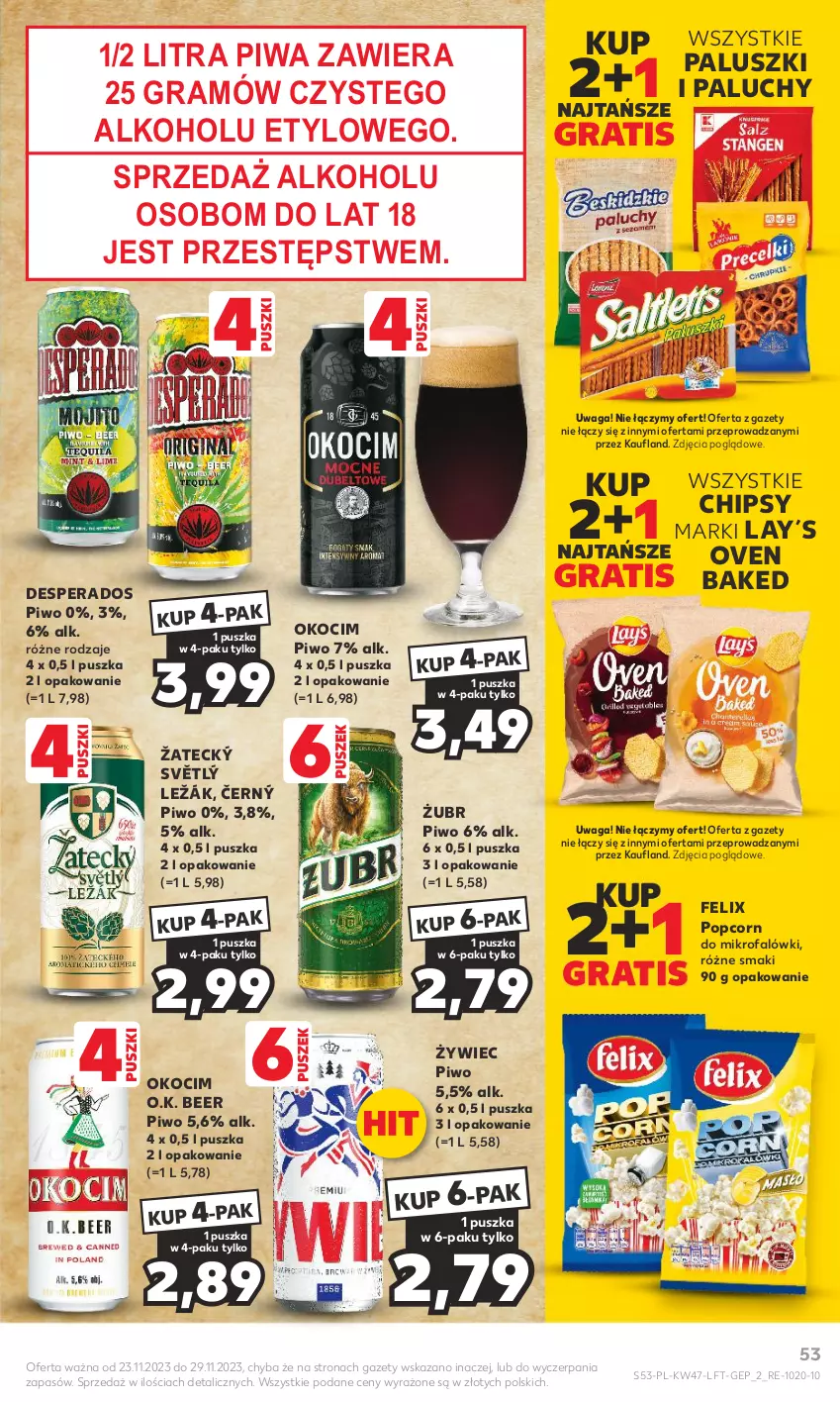 Gazetka promocyjna Kaufland - Gazetka tygodnia - ważna 23.11 do 29.11.2023 - strona 53 - produkty: Chipsy, Desperados, Fa, Felix, Gra, Koc, Okocim, Piwa, Piwo, Popcorn, Waga