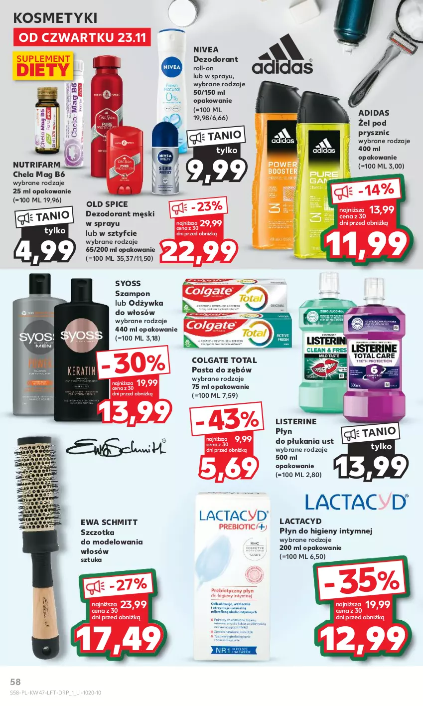 Gazetka promocyjna Kaufland - Gazetka tygodnia - ważna 23.11 do 29.11.2023 - strona 58 - produkty: Adidas, Colgate, Colgate Total, Dezodorant, Ewa Schmitt, Fa, Lactacyd, LG, Listerine, Nivea, Odżywka, Old Spice, Pasta do zębów, Płyn do higieny intymnej, Płyn do płukania, Suplement diety, Syoss, Szampon, Szczotka