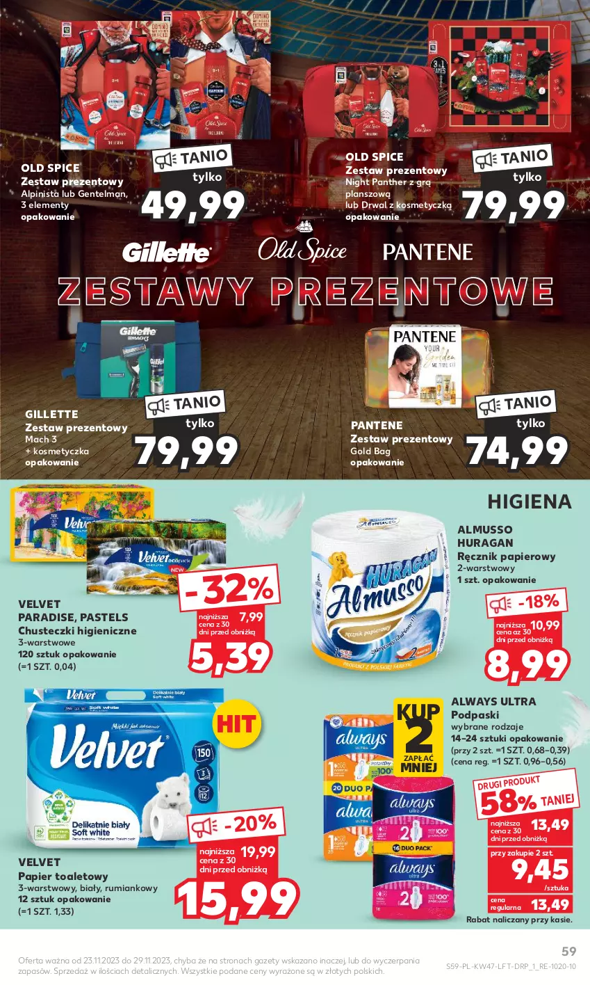 Gazetka promocyjna Kaufland - Gazetka tygodnia - ważna 23.11 do 29.11.2023 - strona 59 - produkty: Always, Always Ultra, Chusteczki, Gillette, Kosmetyczka, Mus, Old Spice, Pantene, Papier, Papier toaletowy, Podpaski, Ręcznik, Rum, Velvet, Zestaw prezentowy