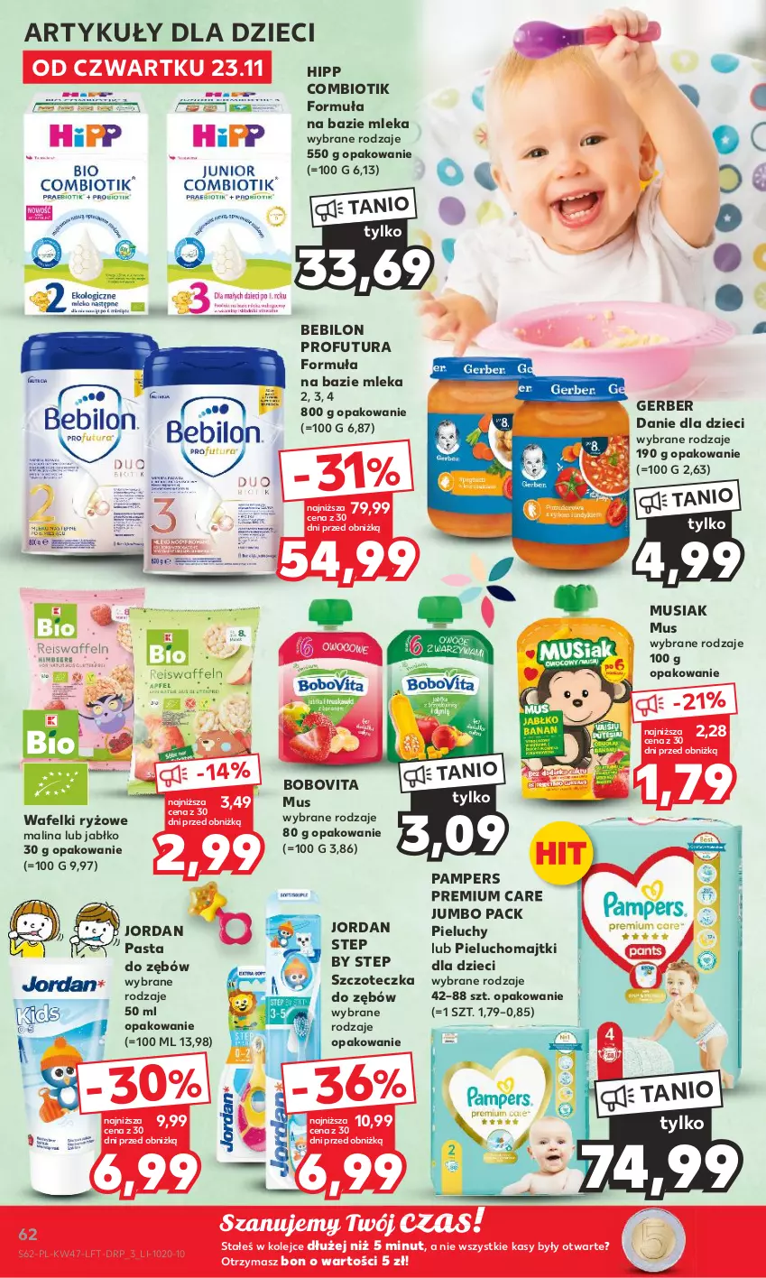 Gazetka promocyjna Kaufland - Gazetka tygodnia - ważna 23.11 do 29.11.2023 - strona 62 - produkty: BEBILON, BoboVita, Danie dla dzieci, Dzieci, Gerber, HiPP, Majtki, Mus, Olej, Pampers, Pasta do zębów, Pieluchomajtki, Pieluchy, Ryż, Szczoteczka, Szczoteczka do zębów