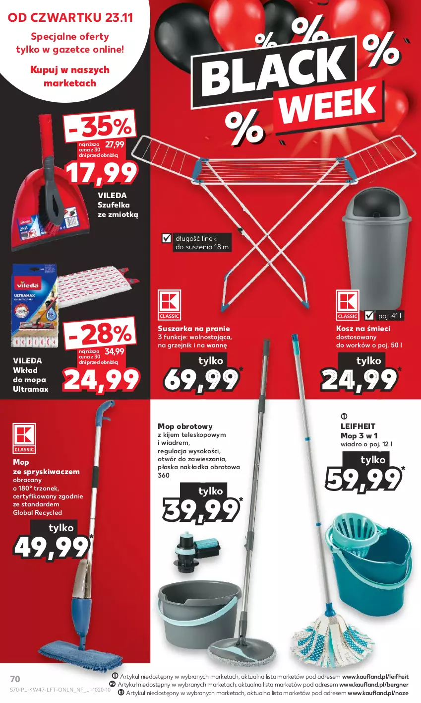 Gazetka promocyjna Kaufland - Gazetka tygodnia - ważna 23.11 do 29.11.2023 - strona 70 - produkty: Dres, Grzejnik, Kije, Kosz, Mop, Rama, Sok, Suszarka, Suszarka na pranie, Szufelka, Teleskop, Vileda, Wiadro, Wkład do mopa