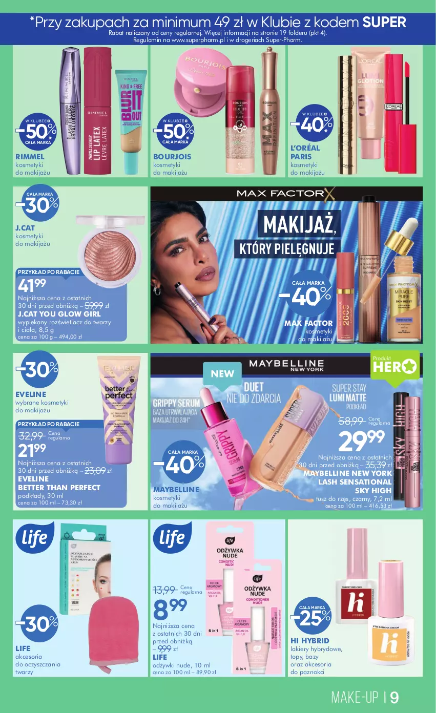 Gazetka promocyjna Super Pharm - Gazetka - ważna 02.10 do 17.10.2025 - strona 9 - produkty: Bell, Bourjois, Eveline, Fa, L’Oréal, Lakier, Makijaż, Max Factor, Maybelline, Podkład, Rozświetlacz, Sati, Top, Tusz