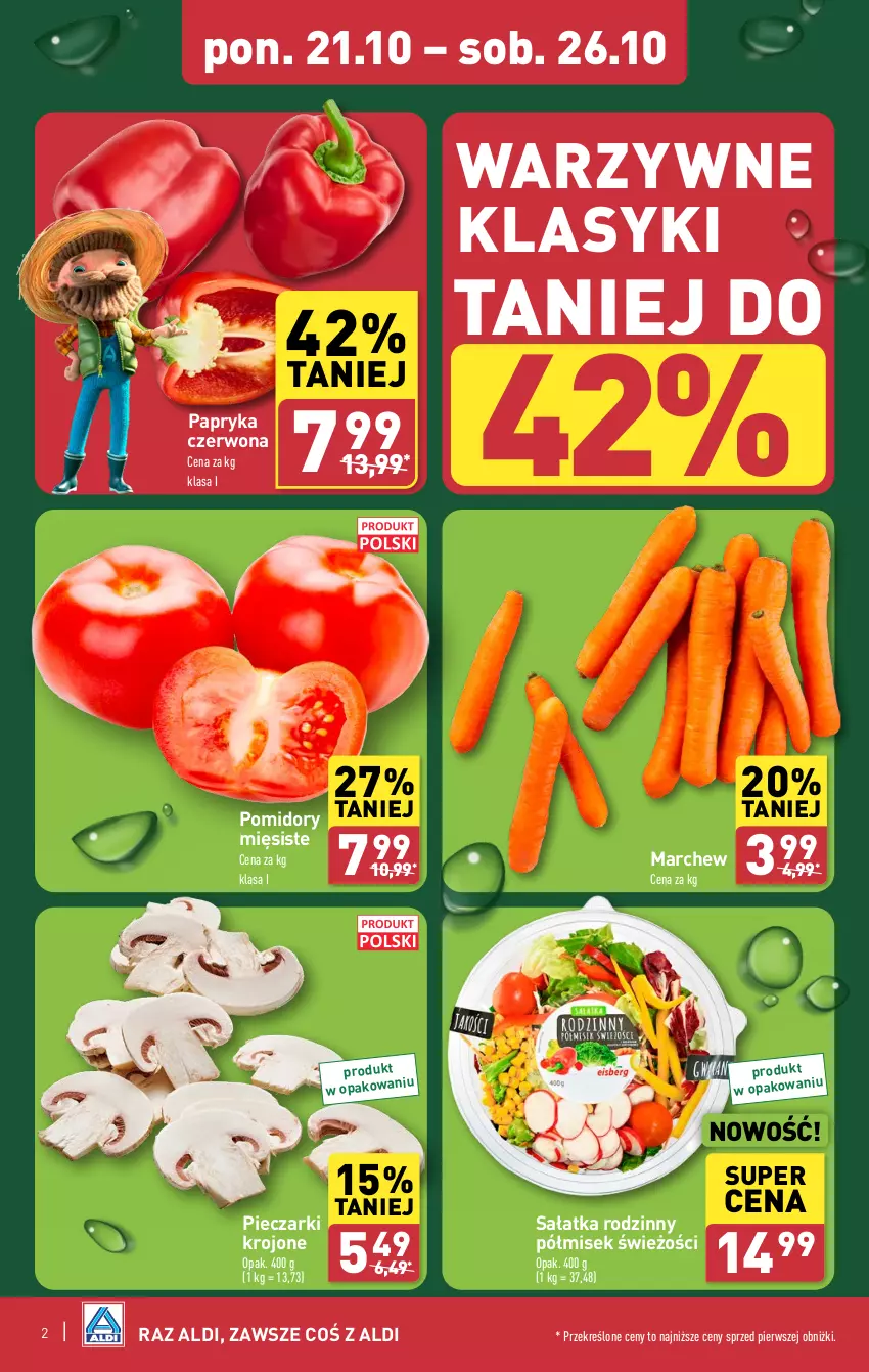 Gazetka promocyjna Aldi - Farmer ALDIK poleca świeże owoce i warzywa - ważna 21.10 do 26.10.2024 - strona 2 - produkty: Papryka, Papryka czerwona, Piec, Pieczarki krojone, Pomidory, Sałat, Sałatka