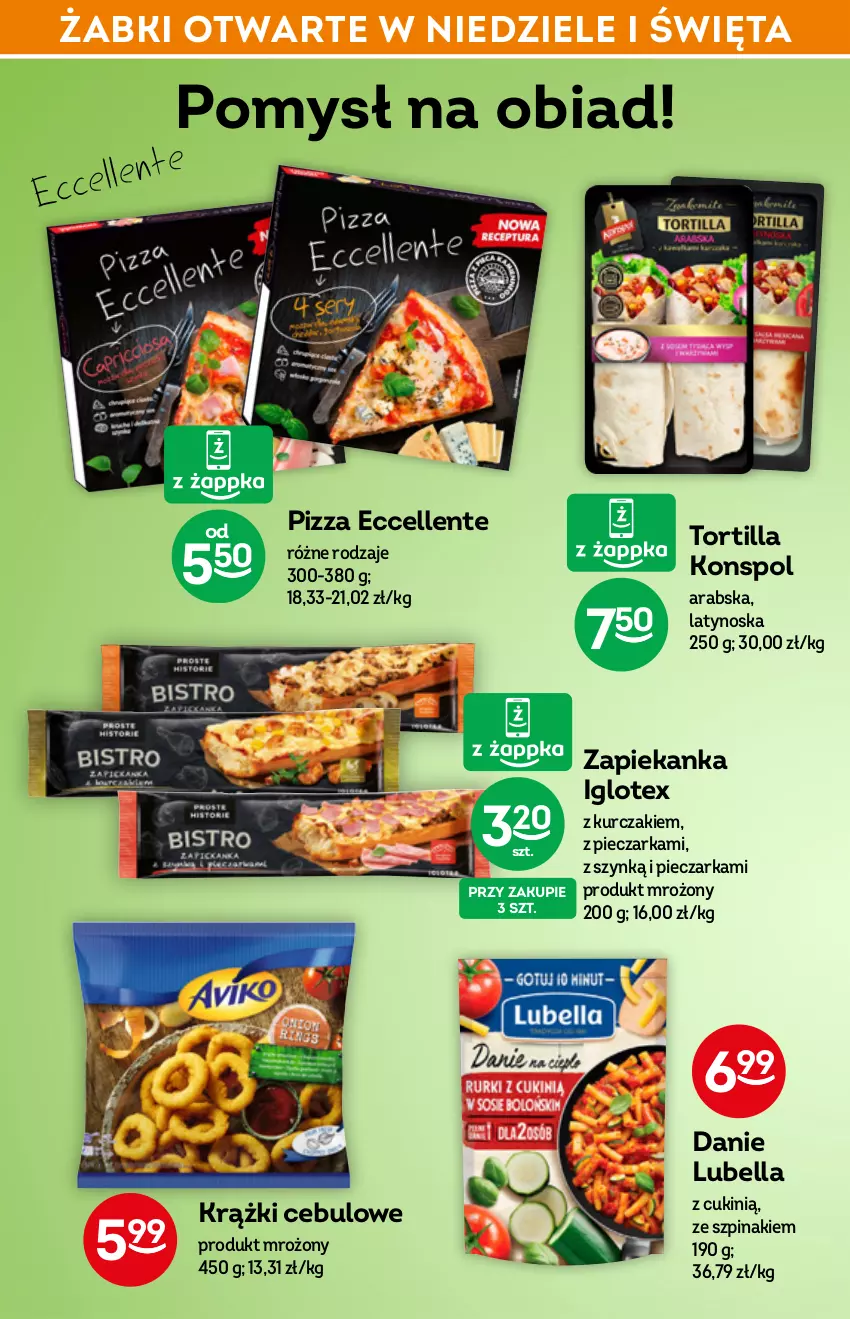 Gazetka promocyjna Żabka - ważna 04.05 do 10.05.2022 - strona 40 - produkty: Bell, Bella, Krążki cebulowe, Kurczak, Lubella, Piec, Pieczarka, Pizza, Szpinak, Tortilla, Zapiekanka