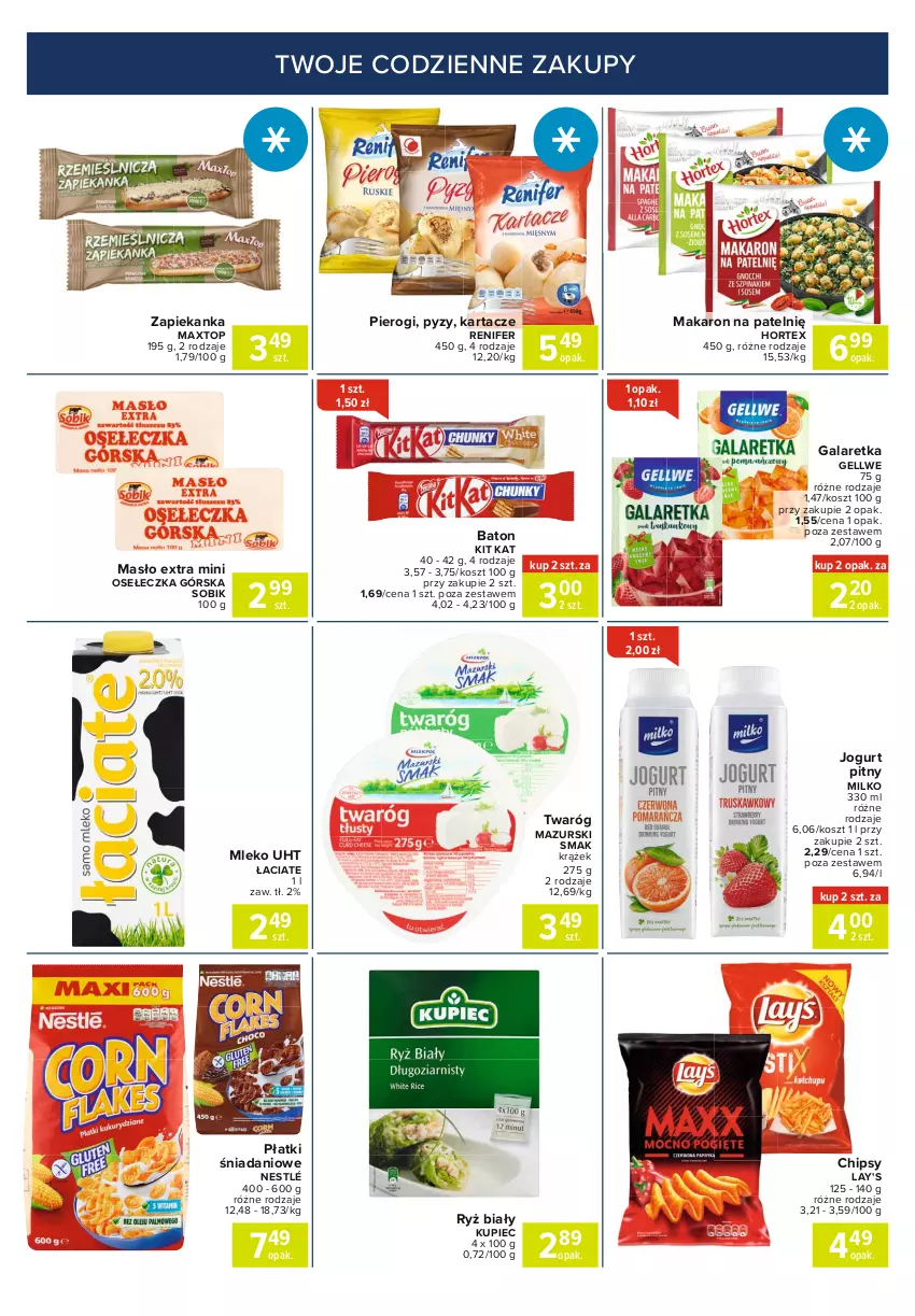 Gazetka promocyjna Carrefour - Gazetka Express - ważna 08.02 do 15.02.2021 - strona 2 - produkty: Baton, Chipsy, Danio, Gala, Galaretka, Hortex, Jogurt, Jogurt pitny, Kit Kat, Kosz, Kupiec, Makaron, Masło, Mleko, Nestlé, Piec, Pierogi, Renifer, Ryż, Ryż biały, Top, Twaróg, Zapiekanka