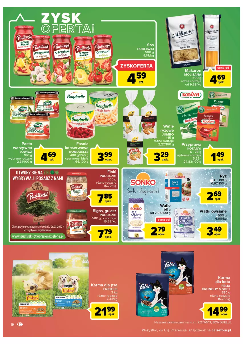 Gazetka promocyjna Carrefour - Gazetka Carrefour Zyskoteka - ważna 15.02 do 21.02.2022 - strona 16 - produkty: Bigos, Bonduelle, Fa, Fasola, Felix, Flaki, Friskies, Gin, Gry, Isana, Makaron, Płatki owsiane, Pudliszki, Ryż, Ser, Spaghetti, Wafle