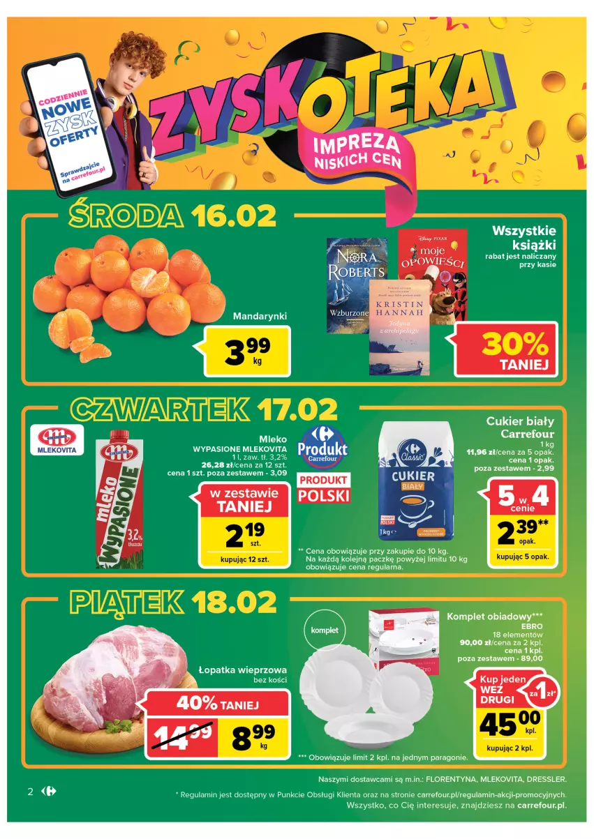 Gazetka promocyjna Carrefour - Gazetka Carrefour Zyskoteka - ważna 15.02 do 21.02.2022 - strona 2 - produkty: Cukier, Dres, Komplet obiadowy, Mandarynki, Mleko, Mlekovita, Olej