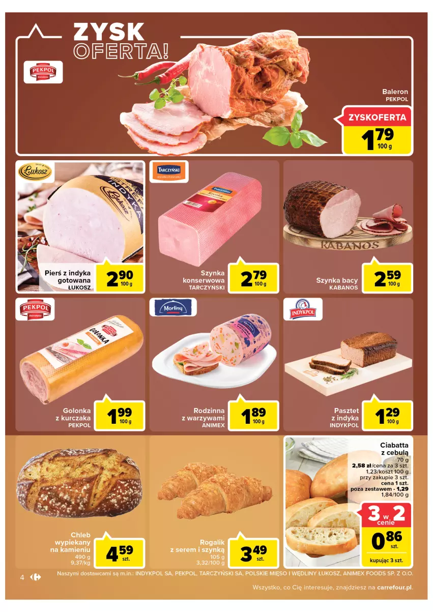 Gazetka promocyjna Carrefour - Gazetka Carrefour Zyskoteka - ważna 15.02 do 21.02.2022 - strona 4 - produkty: Ciabatta, Kabanos, Kosz, Kurczak, Mięso, Pasztet, Pasztet z indyka, Pekpol, Rogal, Ser, Szynka, Tarczyński, Warzywa