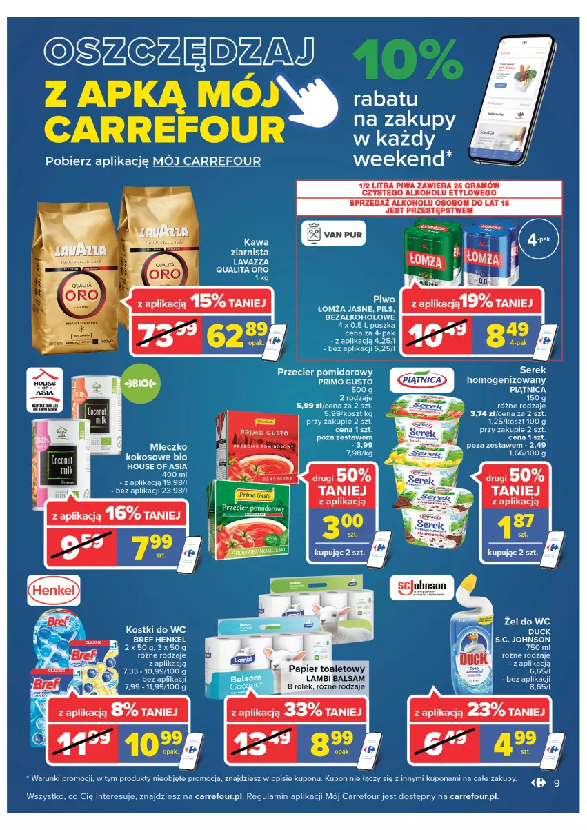 Gazetka promocyjna Carrefour - Gazetka Carrefour Zyskoteka - ważna 15.02 do 21.02.2022 - strona 9 - produkty: Bref, Duck, Gra, House of Asia, Kawa, Kawa ziarnista, Kosz, Lavazza, Mleczko, Papier, Papier toaletowy, Piątnica, Piwa, Piwo, Top