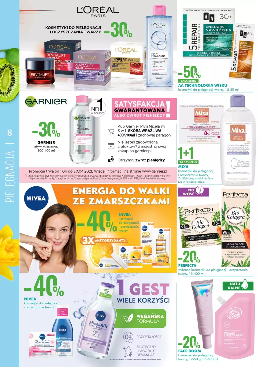 Gazetka promocyjna Super Pharm - Gazetka - ważna 20.04 do 04.05.2021 - strona 8 - produkty: Acer, Fa, Garnier, Kosmetyki do pielęgnacji, Krem pod oczy, LG, Makijaż, Mars, Mixa, Nivea, Perfecta, Płyn micelarny, Ser