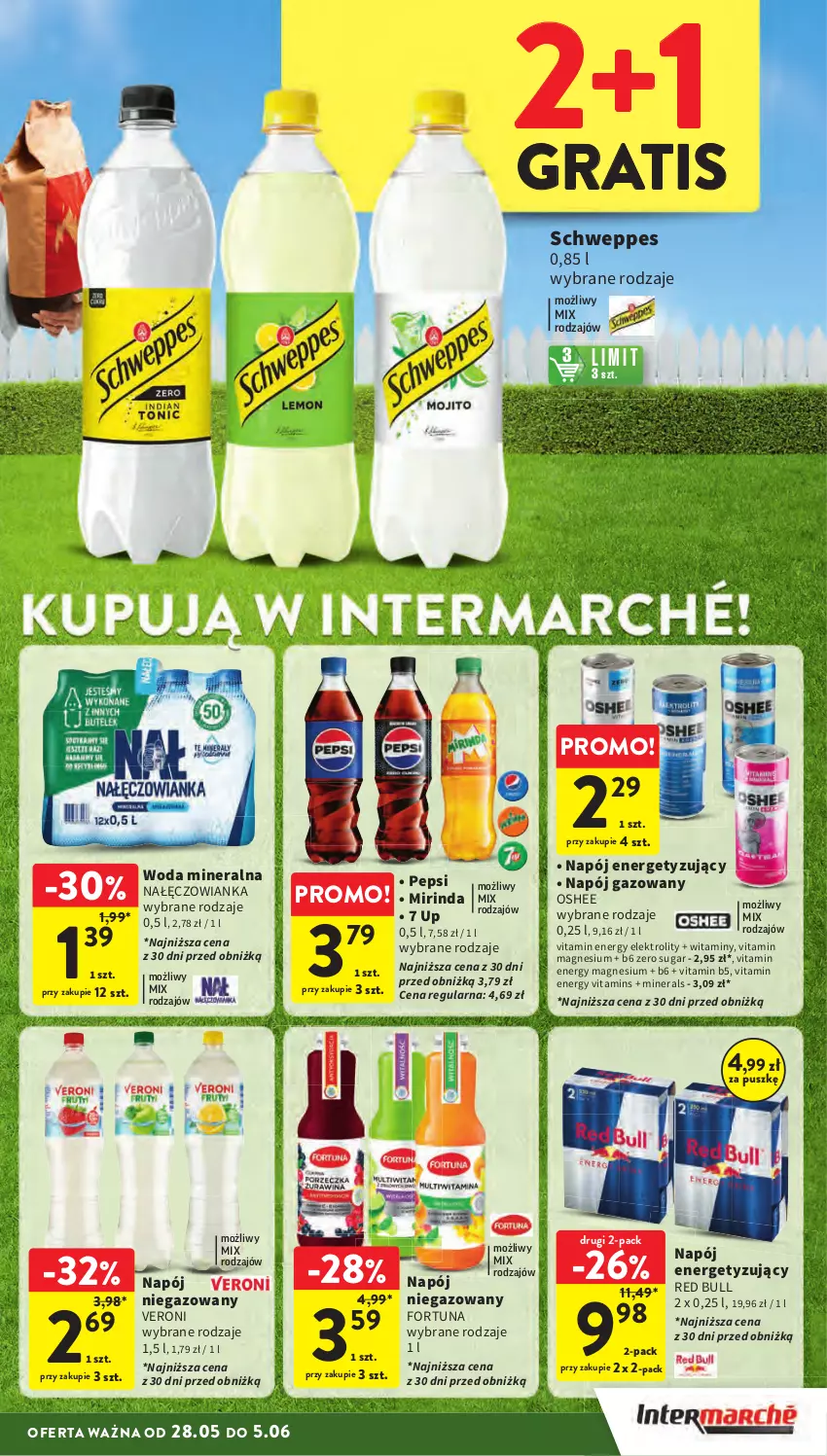 Gazetka promocyjna Intermarche - Gazetka Intermarche - ważna 28.05 do 05.06.2024 - strona 15 - produkty: Fortuna, Gra, Mirinda, Nałęczowianka, Napój, Napój gazowany, Napój niegazowany, Oshee, Pepsi, Red Bull, Schweppes, Woda, Woda mineralna