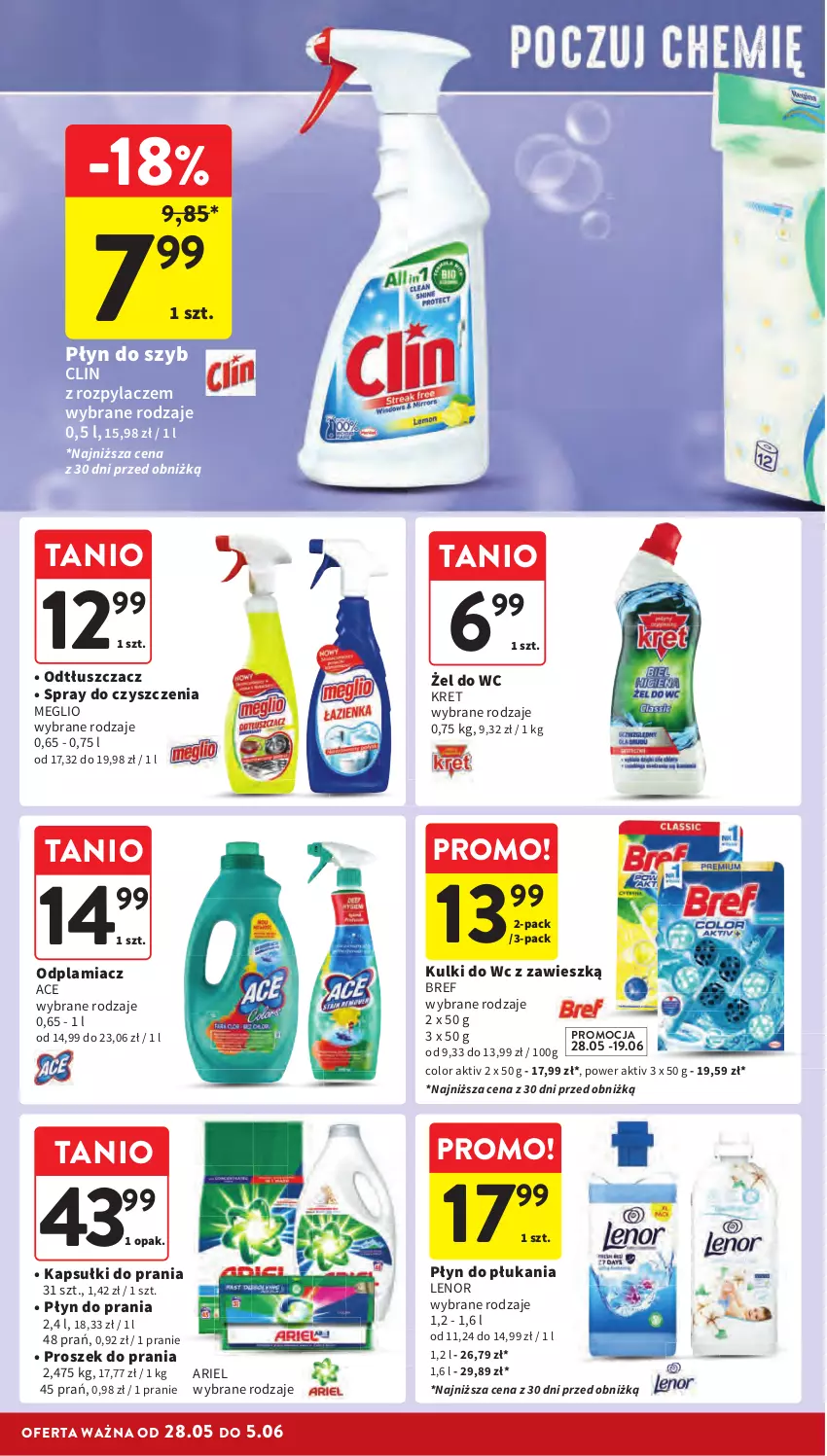 Gazetka promocyjna Intermarche - Gazetka Intermarche - ważna 28.05 do 05.06.2024 - strona 42 - produkty: Ariel, Bref, Clin, Kapsułki do prania, Kret, Kulki do wc, Lenor, Odplamiacz, Odtłuszczacz, Płyn do płukania, Płyn do prania, Płyn do szyb, Proszek do prania, Spray do czyszczenia