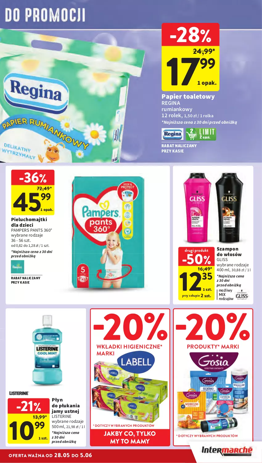 Gazetka promocyjna Intermarche - Gazetka Intermarche - ważna 28.05 do 05.06.2024 - strona 43 - produkty: Dzieci, Gin, Listerine, Majtki, Pampers, Papier, Papier toaletowy, Pieluchomajtki, Płyn do płukania, Płyn do płukania jamy ustnej, Rum, Szampon, Wkładki