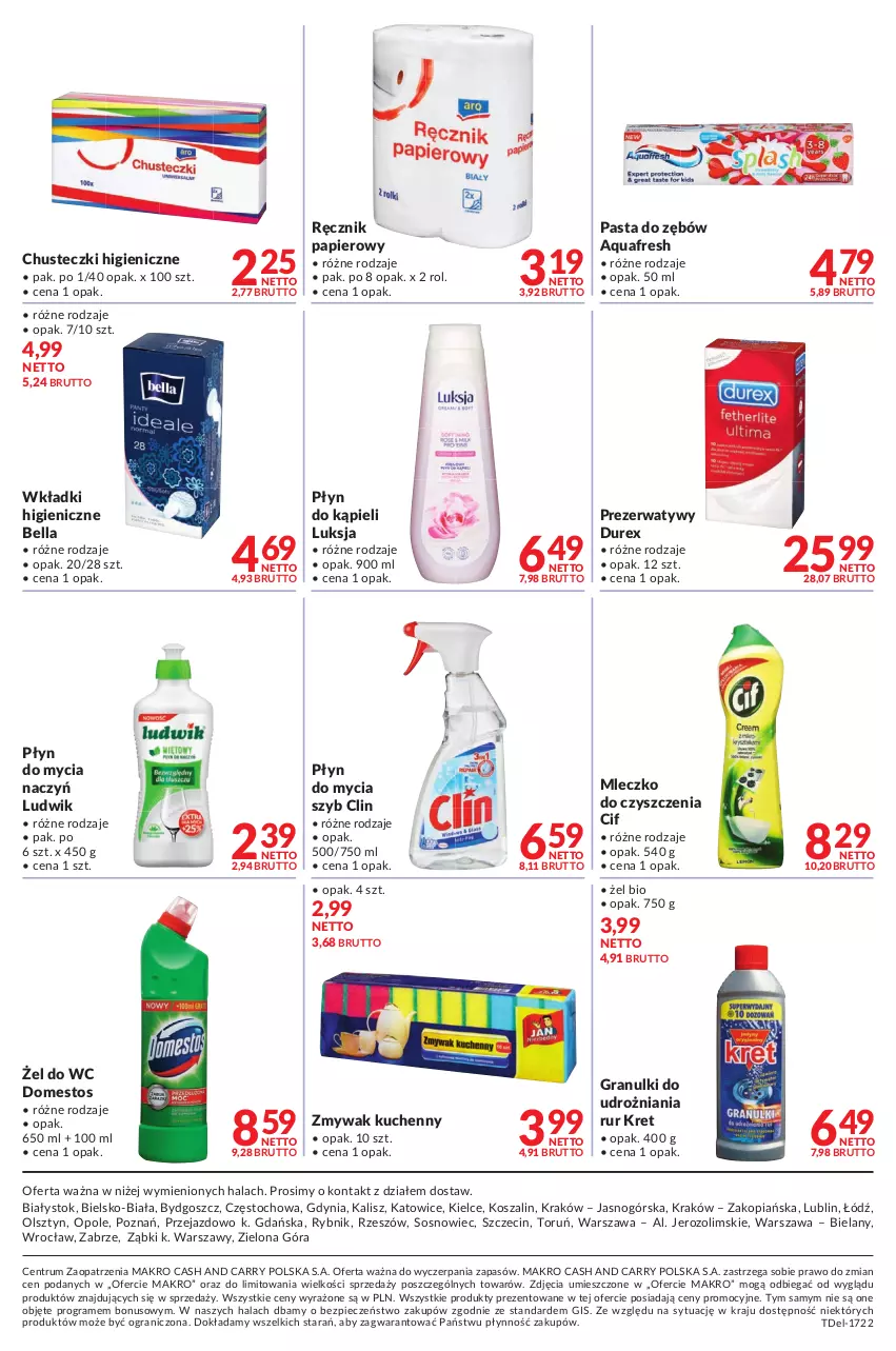 Gazetka promocyjna Makro - [Oferta promocyjna] Dostawy - ważna 09.08 do 22.08.2022 - strona 12 - produkty: Aquafresh, Bell, Bella, Chusteczki, Cif, Clin, Do mycia naczyń, Domestos, Durex, Gra, Kosz, Kret, Ludwik, Luksja, Mleczko, Papier, Pasta do zębów, Piec, Płyn do kąpieli, Płyn do mycia, Płyn do mycia naczyń, Prezerwatyw, Ręcznik, Rum, Sos, Szal, Wkładki