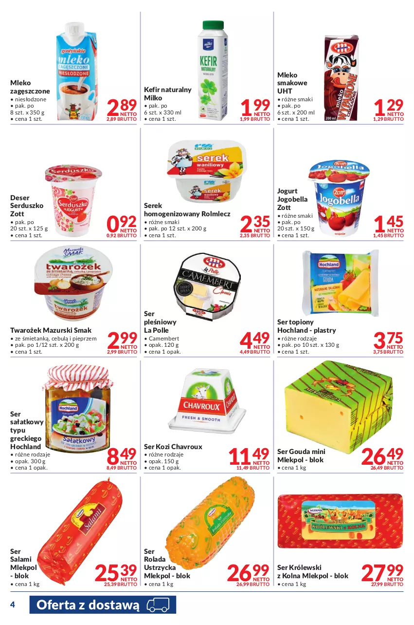 Gazetka promocyjna Makro - [Oferta promocyjna] Dostawy - ważna 09.08 do 22.08.2022 - strona 4 - produkty: Bell, Bella, Camembert, Deser, Gouda, Hochland, Jogobella, Jogurt, Kefir, Kefir naturalny, Królewski, Mleko, Mleko smakowe, Mleko zagęszczone, Pieprz, Rolada, Rolada Ustrzycka, Rolmlecz, Salami, Sałat, Ser, Ser kozi, Ser pleśniowy, Ser salami, Ser topiony, Serek, Serek homogenizowany, Top, Zott