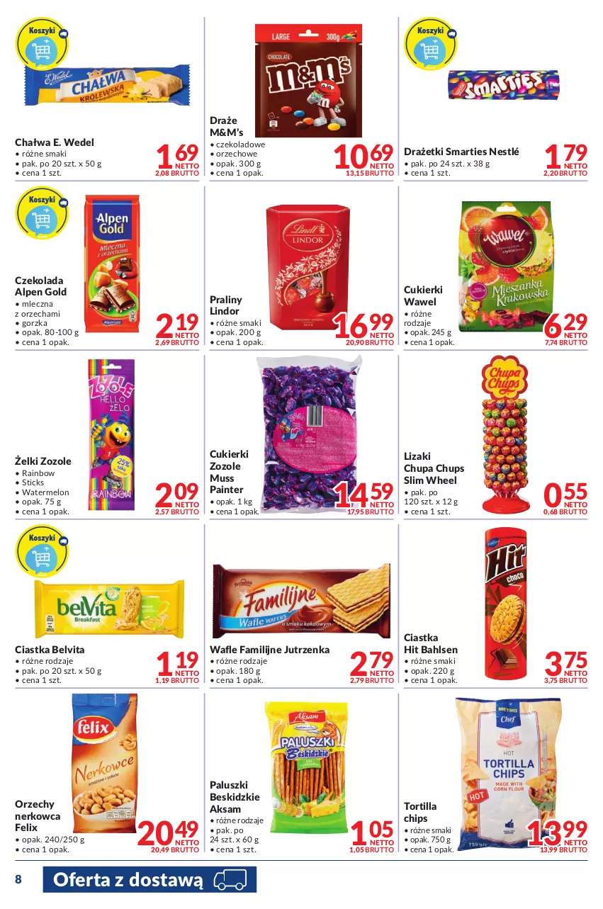 Gazetka promocyjna Makro - [Oferta promocyjna] Dostawy - ważna 09.08 do 22.08.2022 - strona 8 - produkty: Aksam, BelVita, Beskidzki, Chałwa, Chupa Chups, Ciastka, Cukier, Cukierki, Czekolada, E. Wedel, Fa, Felix, Jutrzenka, Lindor, Lizaki, Melon, Mus, Nestlé, Praliny, Tortilla, Tortilla Chips, Wafle, Wawel