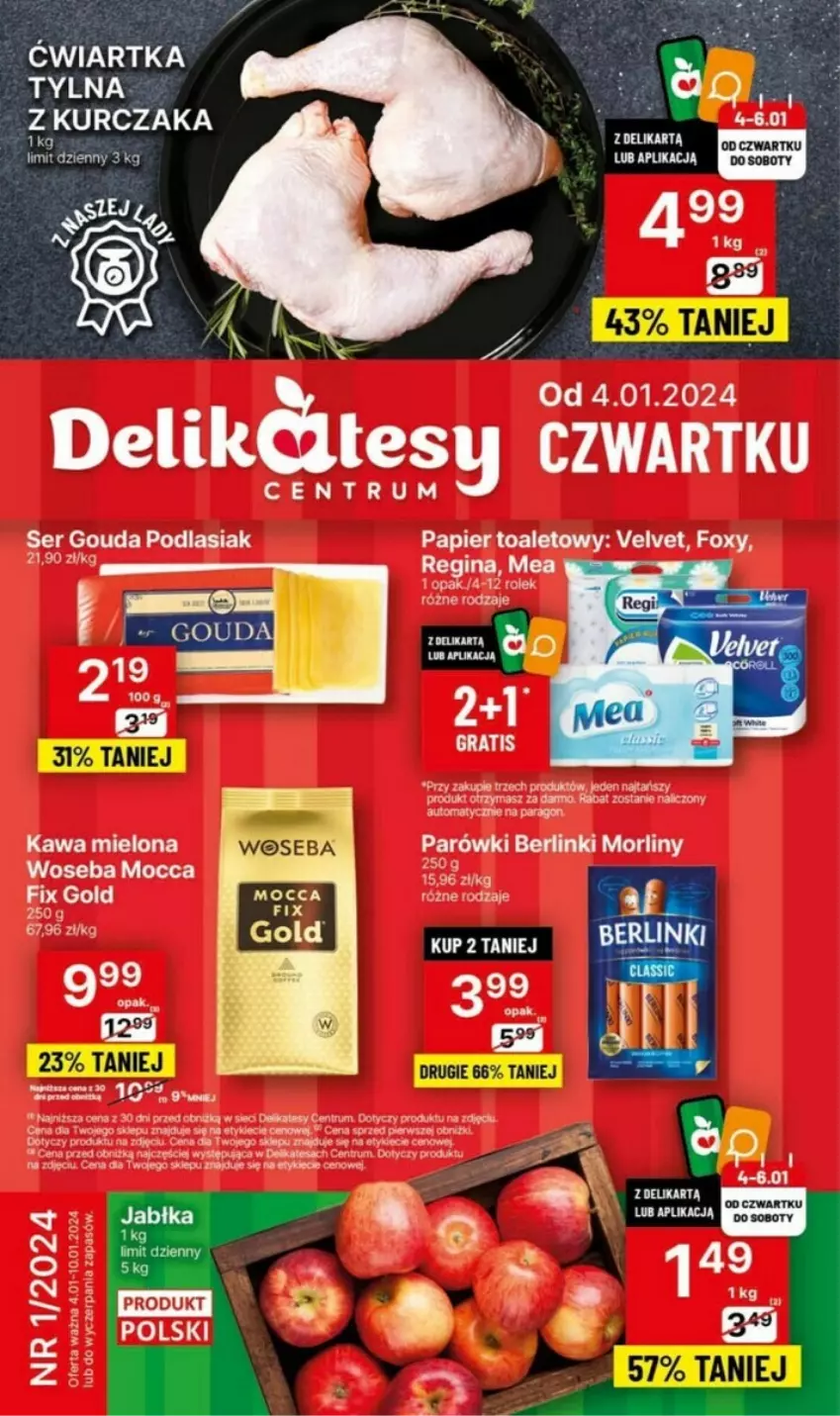 Gazetka promocyjna Delikatesy Centrum - ważna 04.01 do 10.01.2024 - strona 1 - produkty: Berlinki, Foxy, Gra, Jabłka, Kawa, Kawa mielona, Parówki, Rum, Woseba