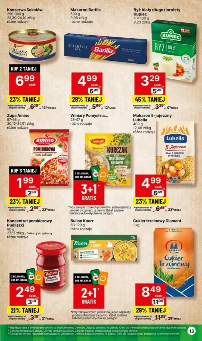 Gazetka promocyjna Delikatesy Centrum - ważna 04.01 do 10.01.2024 - strona 5 - produkty: Barilla, Bell, Bella, Bulion, Cukier, Cukier trzcinowy, Diamant, Kawa, Knorr, Koncentrat pomidorowy, Kupiec, Lion, Lubella, Makaron, Piec, Pudliszki, Ryż, Ryż biały, Ser, Sok, Sokołów, Wanna, Zupa