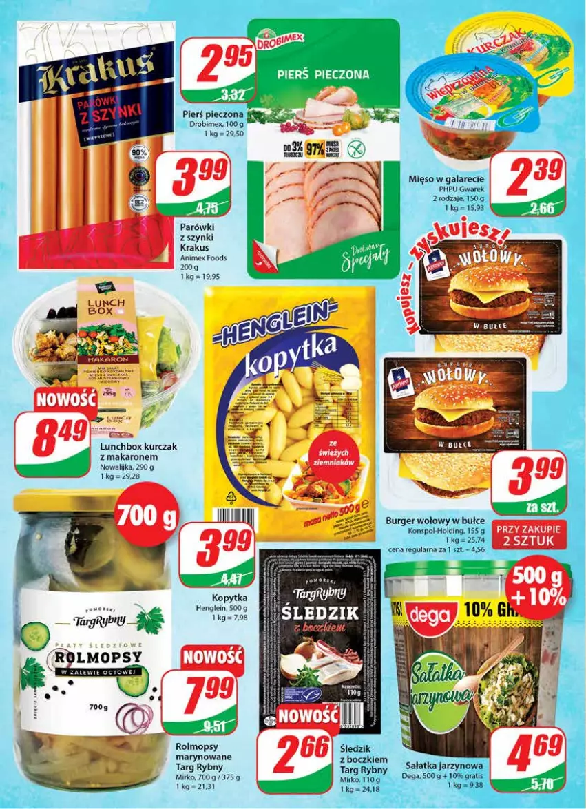 Gazetka promocyjna Dino - Gazetka - ważna 02.03 do 08.03.2022 - strona 14 - produkty: Burger, Dega, Drobimex, Gala, Gra, Gry, HP, Kopytka, Krakus, Kurczak, Makaron, Mięso, Mięso w galarecie, Mop, Parówki, Parówki z szynki, Piec, Sałat, Sałatka