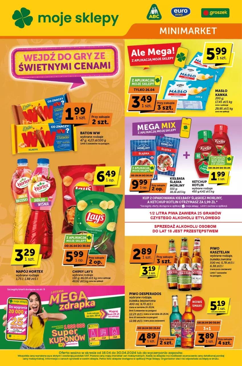 Gazetka promocyjna ABC - ważna 18.04 do 30.04.2024 - strona 1 - produkty: Baton, Chipsy, Desperados, Gra, Hortex, Kasztelan, Masło, Napój, Piwa, Piwo