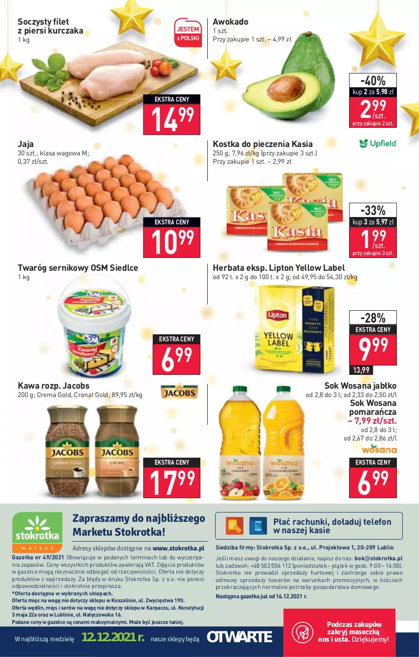 Gazetka promocyjna Stokrotka - Market - ważna 09.12 do 15.12.2021 - strona 12 - produkty: Filet z piersi kurczaka, Herbata, Jacobs, Jaja, Karp, Kasia, Kawa, Kostka do pieczenia, Kosz, Kurczak, Lipton, O nas, Piec, Ser, Sok, Szal, Telefon, Twaróg, Wagi, Wosana