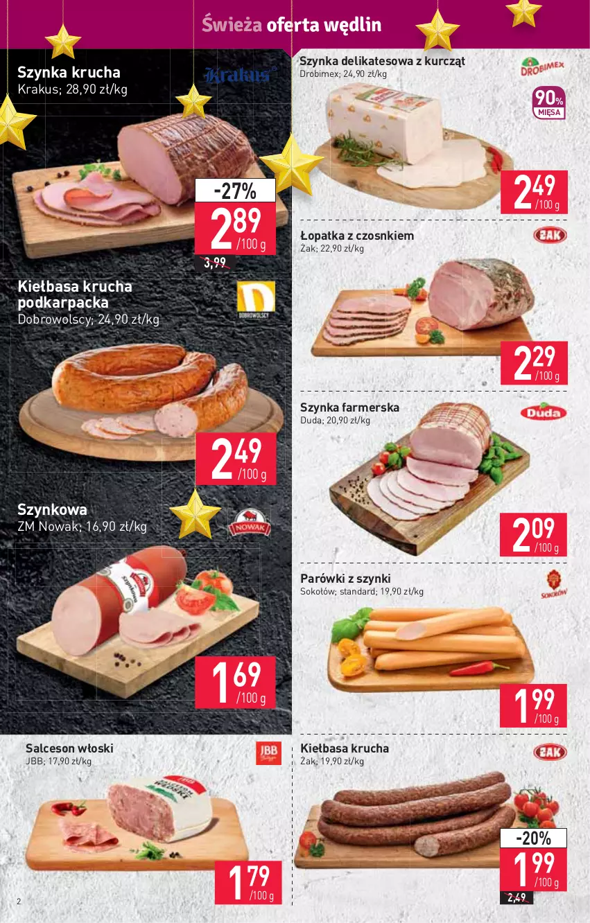 Gazetka promocyjna Stokrotka - Market - ważna 09.12 do 15.12.2021 - strona 2 - produkty: Drobimex, Duda, Fa, HP, Karp, Kiełbasa, Kiełbasa krucha, Krakus, NOWAK, Parówki, Parówki z szynki, Salceson, Sok, Sokołów, Szynka, Szynka delikatesowa, Szynka farmerska