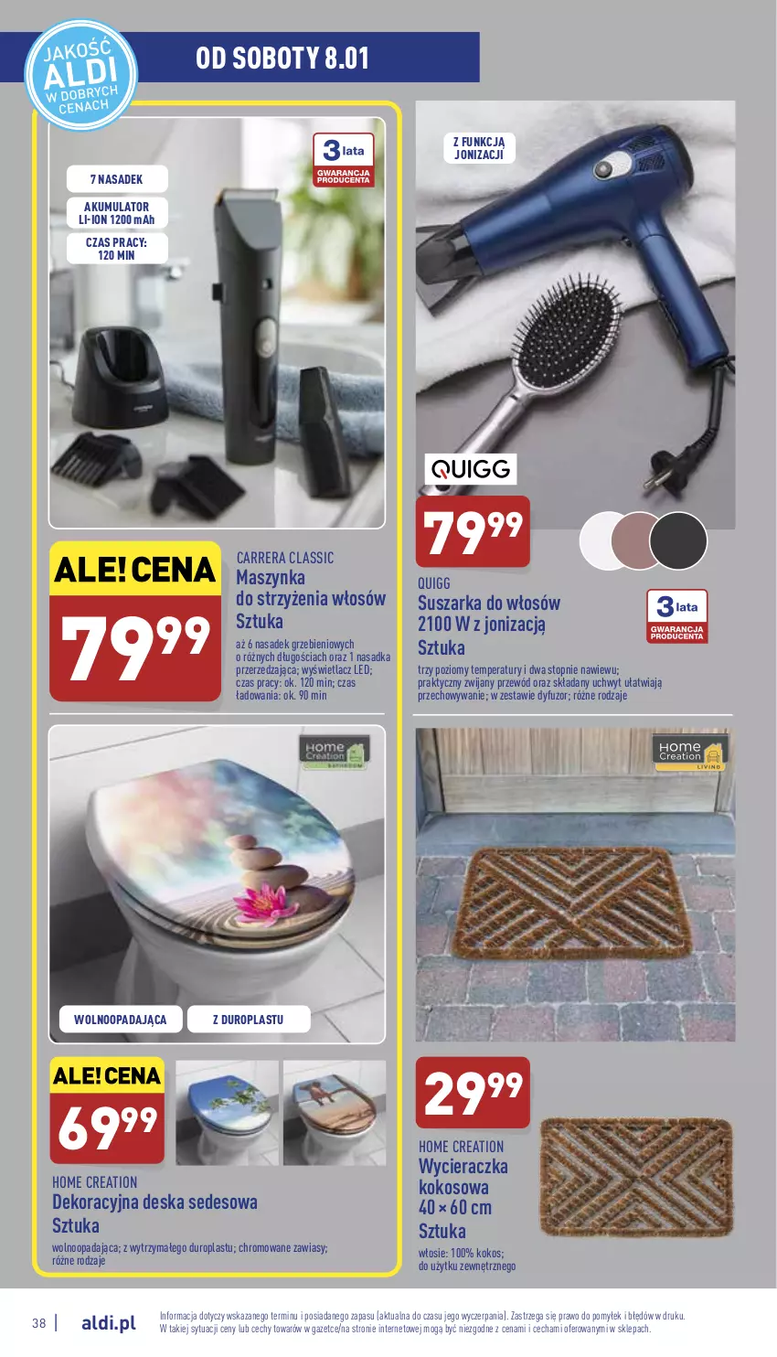 Gazetka promocyjna Aldi - Pełny katalog - ważna 03.01 do 08.01.2022 - strona 38 - produkty: Akumulator, Carrera, Deska sedesowa, Kokos, Maszynka, Przewód, Suszarka, Szynka, Top, Wycieraczka