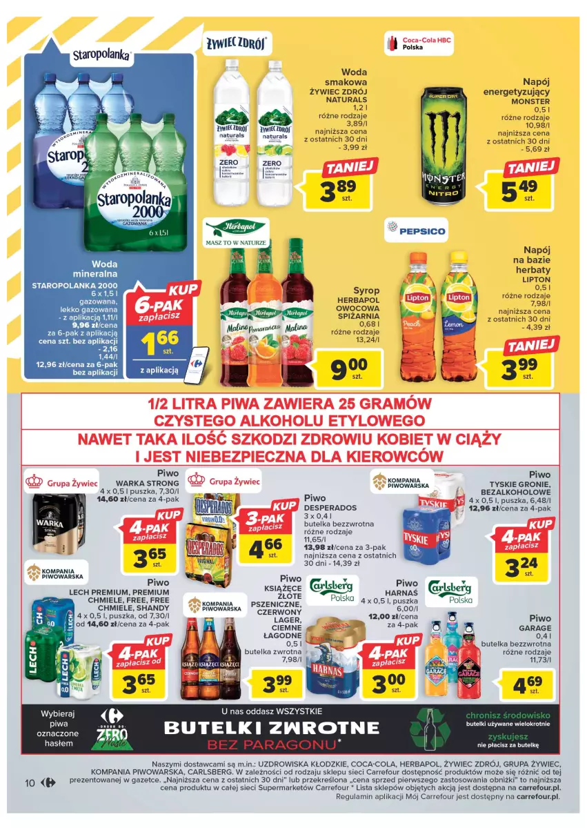 Gazetka promocyjna Carrefour - Gazetka Market - ważna 24.01 do 04.02.2023 - strona 10 - produkty: Carlsberg, Coca-Cola, Desperados, Harnaś, Herbapol, Lech Premium, Lipton, Napój, Pepsi, Piwa, Piwo, Syrop, Tyskie, Warka, Woda