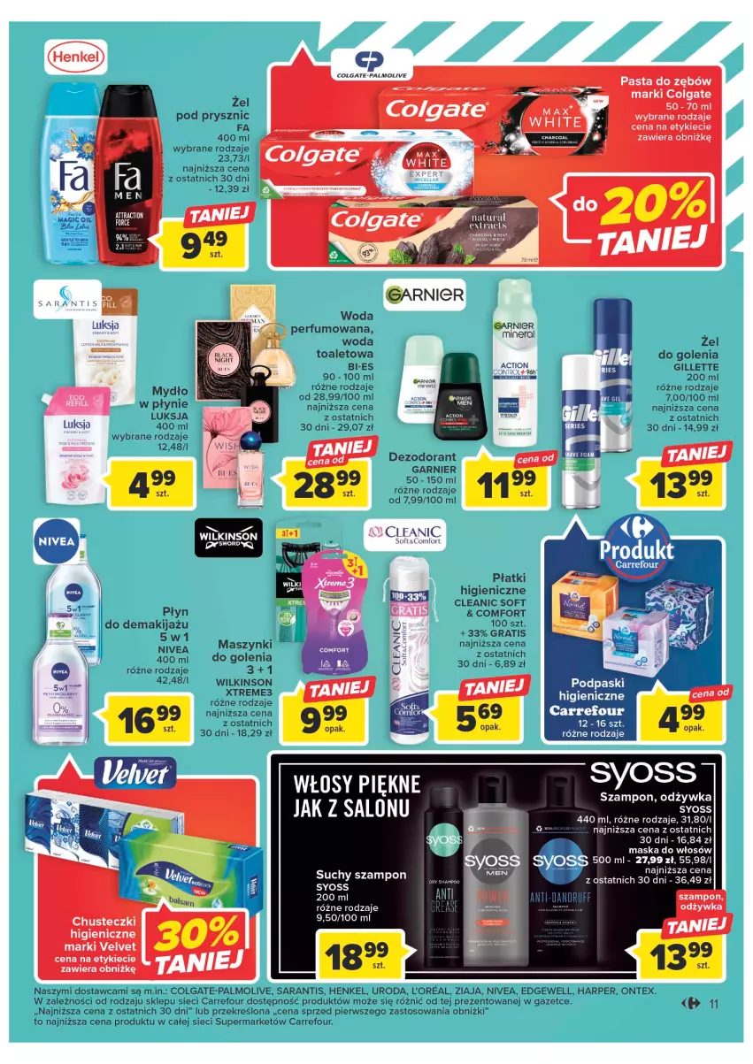 Gazetka promocyjna Carrefour - Gazetka Market - ważna 24.01 do 04.02.2023 - strona 11 - produkty: Chusteczki, Cleanic, Colgate, Dezodorant, Garnier, Gillette, Gra, LG, Luksja, Makijaż, Maska, Maska do włosów, Mydło, Mydło w płynie, NHL, Nivea, Odżywka, Palmolive, Pasta do zębów, Podpaski, Syoss, Szampon, Velvet, Woda, Ziaja