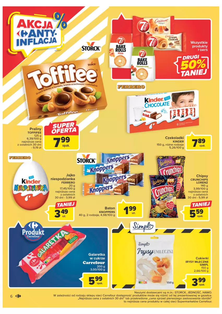 Gazetka promocyjna Carrefour - Gazetka Market - ważna 24.01 do 04.02.2023 - strona 6 - produkty: Baton, Chipsy, Crunchips, Cukier, Cukierki, Ferrero, Gala, Galaretka, Kinder, Knoppers, Lorenz, Praliny, Toffifee