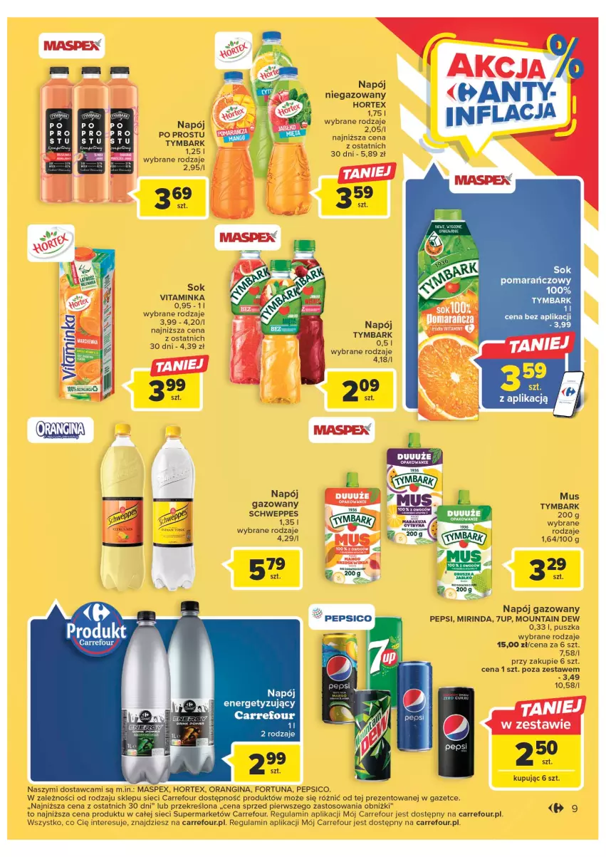 Gazetka promocyjna Carrefour - Gazetka Market - ważna 24.01 do 04.02.2023 - strona 9 - produkty: 7up, Fortuna, Gin, Hortex, Inka, Mirinda, Mus, Napój, Napój gazowany, Napój niegazowany, Pepsi, Schweppes, Sok, Tymbark