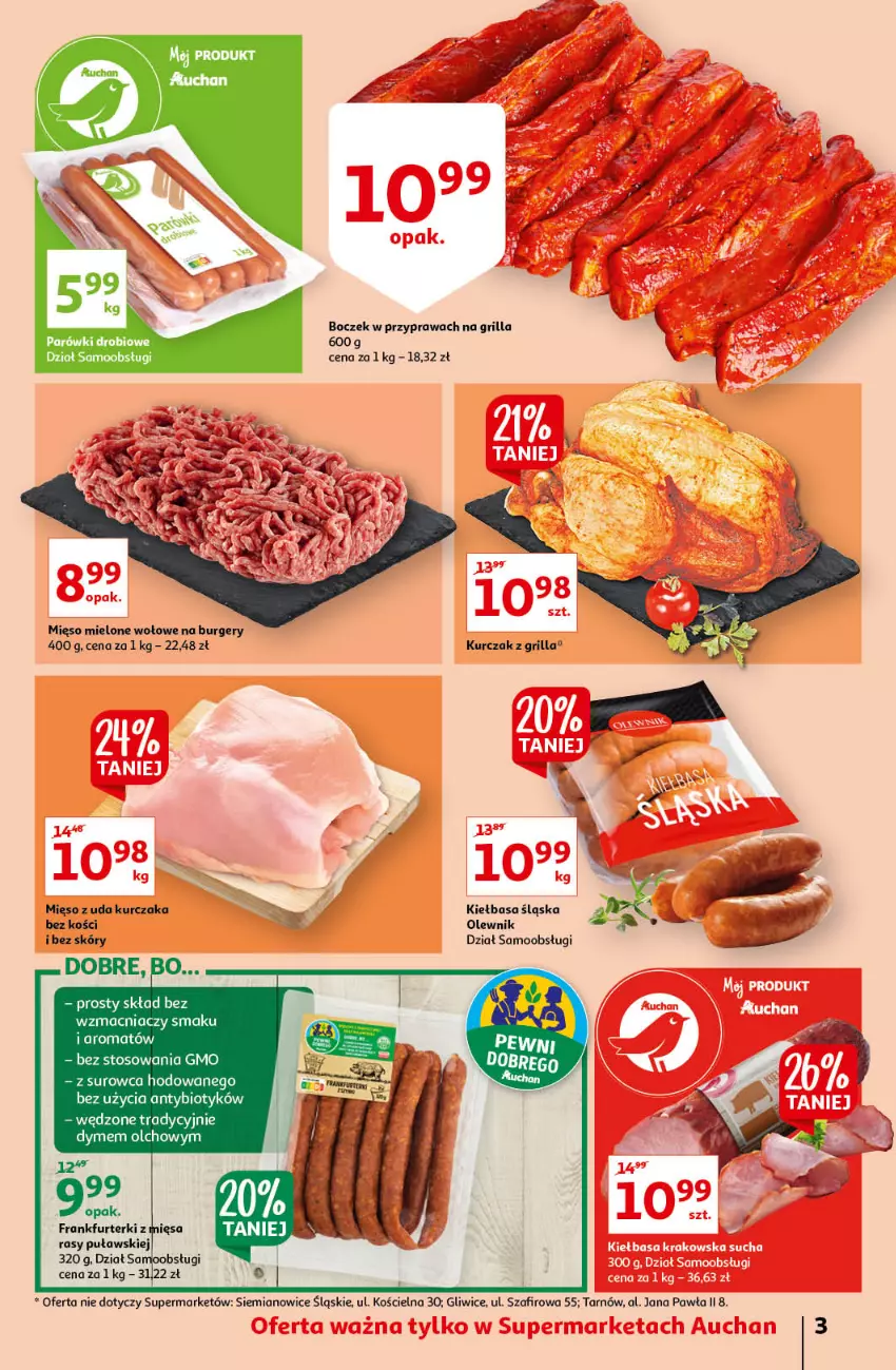 Gazetka promocyjna Auchan - Super Ceny Supermarkety - ważna 04.06 do 09.06.2021 - strona 3 - produkty: Boczek, Burger, Frankfurterki, Grill, Kiełbasa, Kiełbasa śląska, Kurczak, Mięso, Mięso mielone, Olewnik, Parówki