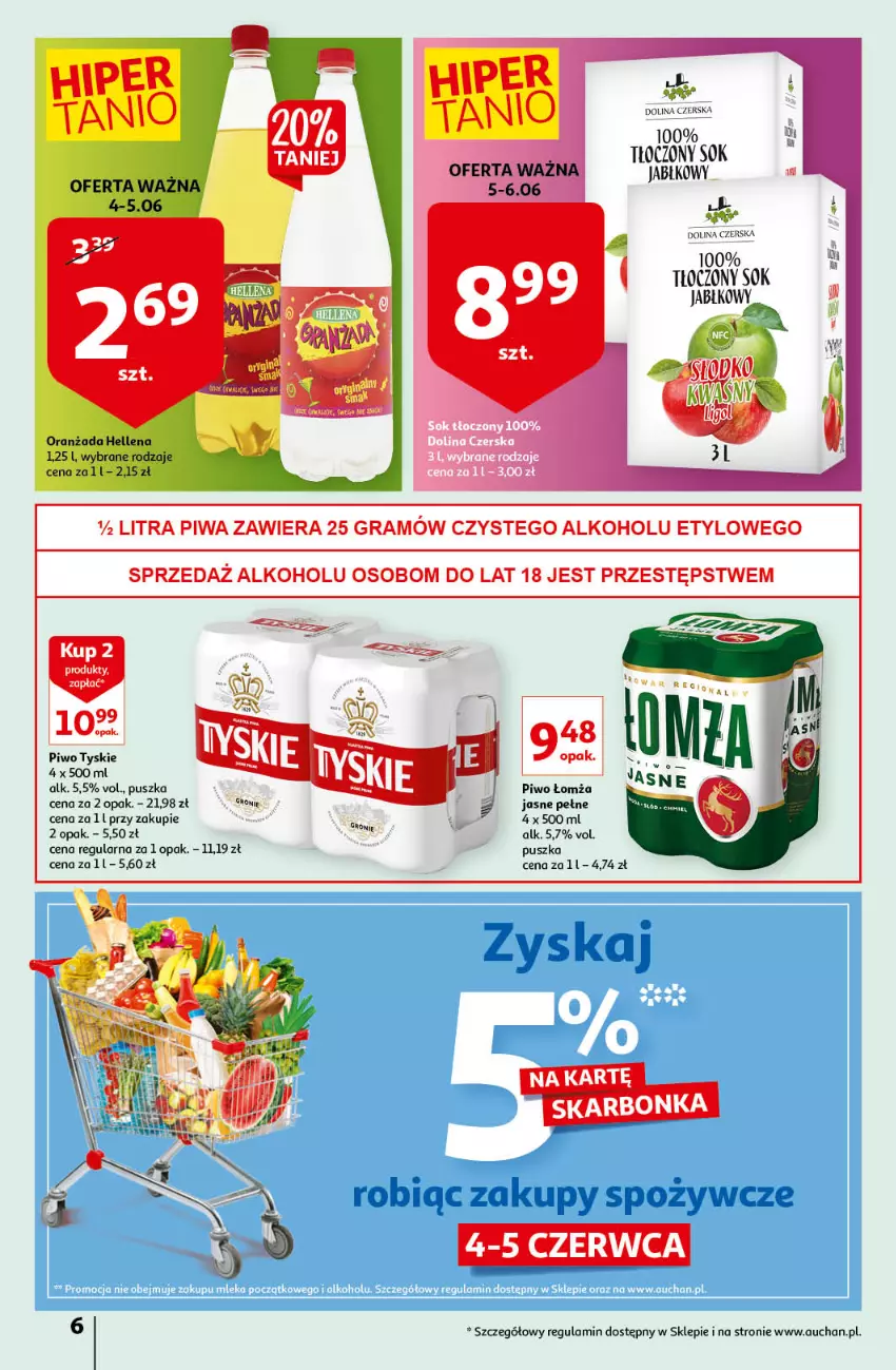 Gazetka promocyjna Auchan - Super Ceny Supermarkety - ważna 04.06 do 09.06.2021 - strona 6 - produkty: Fa, Gra, Hellena, Oranżada, Piwa, Piwo, Sok, Sok jabłkowy, Tyskie