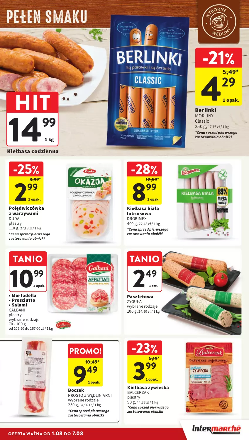 Gazetka promocyjna Intermarche - Gazetka Intermarche - ważna 01.08 do 07.08.2024 - strona 15 - produkty: Berlinki, Boczek, Dell, Drobimex, Duda, Galbani, Kiełbasa, Kiełbasa biała, Morliny, Mortadella, Pasztet, Prosciutto, Salami, Warzywa