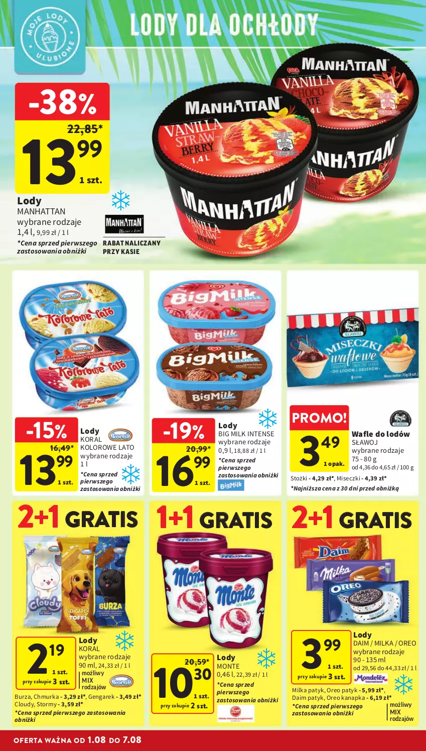 Gazetka promocyjna Intermarche - Gazetka Intermarche - ważna 01.08 do 07.08.2024 - strona 22 - produkty: Big Milk, Gra, Lody, Milka, Monte, Oreo, Wafle, Wafle do lodów