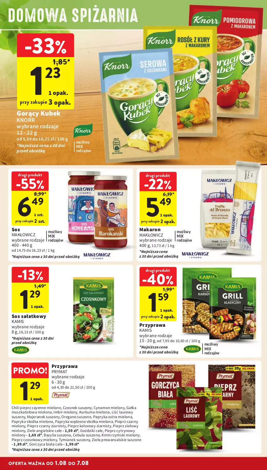 Gazetka promocyjna Intermarche - Gazetka Intermarche - ważna 01.08 do 07.08.2024 - strona 26 - produkty: Bazyl, Bazylia, Cebula, Czosnek, Gałka, Imbir, Kamis, Knorr, Kubek, Kurkuma, Laur, Makaron, Mus, Oregano suszone, Papryka, Papryka słodka, Papryka wędzona, Pieprz, Prymat, Sałat, Sos, Ziele angielskie