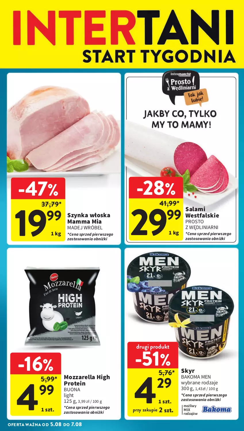 Gazetka promocyjna Intermarche - Gazetka Intermarche - ważna 01.08 do 07.08.2024 - strona 38 - produkty: Bakoma, Fa, Madej Wróbel, Mozzarella, Salami, Szynka