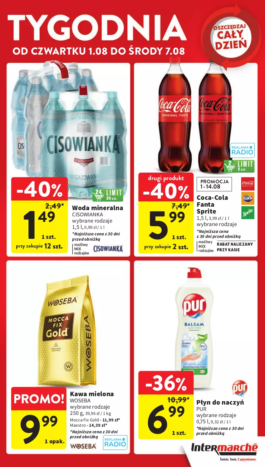 Gazetka promocyjna Intermarche - Gazetka Intermarche - ważna 01.08 do 07.08.2024 - strona 5 - produkty: Cisowianka, Coca-Cola, Fa, Fanta, Kawa, Kawa mielona, Mocca Fix Gold, Pur, Sprite, Woda, Woda mineralna, Woseba