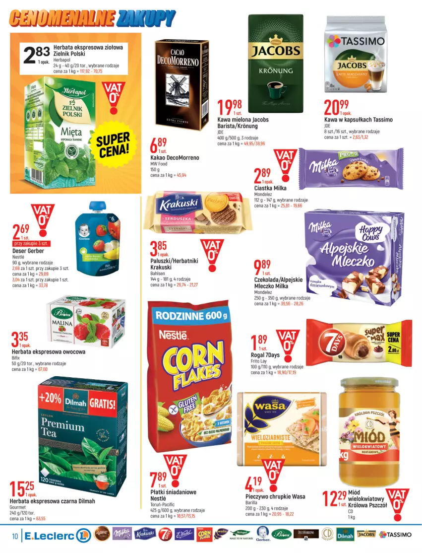 Gazetka promocyjna E Leclerc - ważna 15.03 do 26.03.2022 - strona 10 - produkty: Barilla, Chrupki, Ciastka, Cif, Czekolada, Danio, Deser, Dilmah, Gerber, Herbapol, Herbata, Herbatniki, Jacobs, Kakao, Kawa, Kawa mielona, Krakus, Krakuski, Milka, Miód, Mleczko, Nektar, Piec, Pieczywo, Pieczywo chrupkie, Rogal, Ser, Tassimo, Wasa